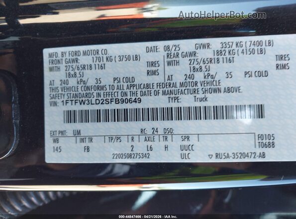 1FTFW3LD2SFB90649 2025 FORD F150 Black Вид підкапотного простору