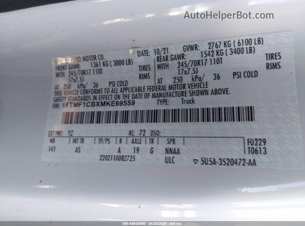1FTMF1CBXMKE69559 2021 FORD F150 White 
