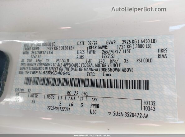 1FTMF1L53RKD40645 2024 FORD F150 White Widok komory silnika
