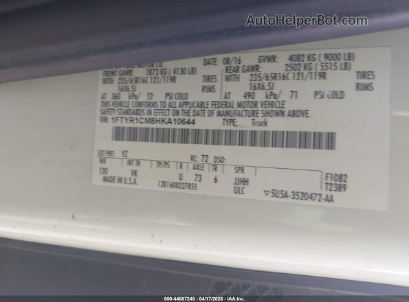 1FTYR1CM8HKA10644 2017 FORD TRANSIT-250 White 