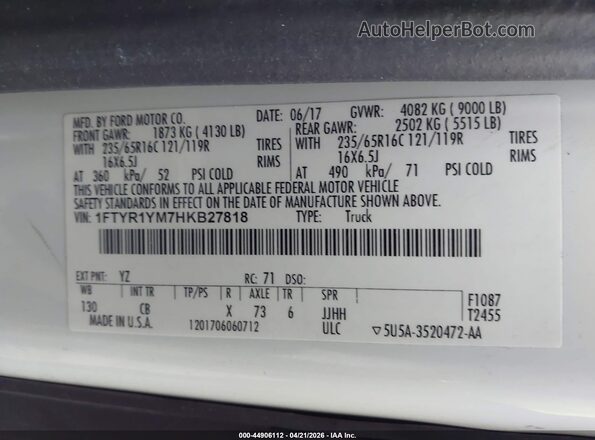 1FTYR1YM7HKB27818 2017 FORD TRANSIT-250 White Engine compartment view