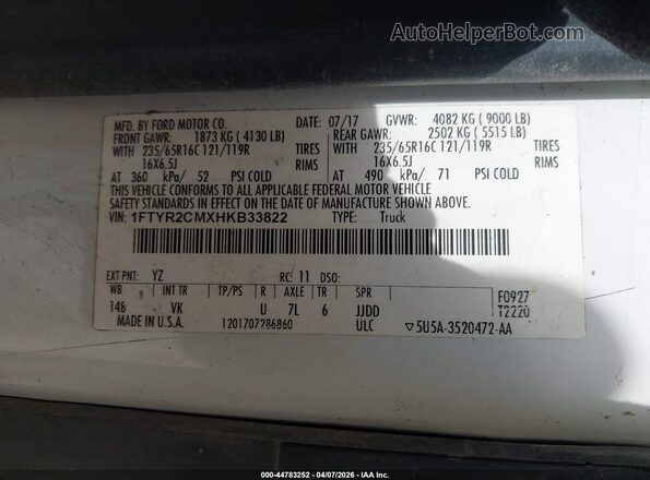 1FTYR2CMXHKB33822 2017 FORD TRANSIT-250 White Widok komory silnika