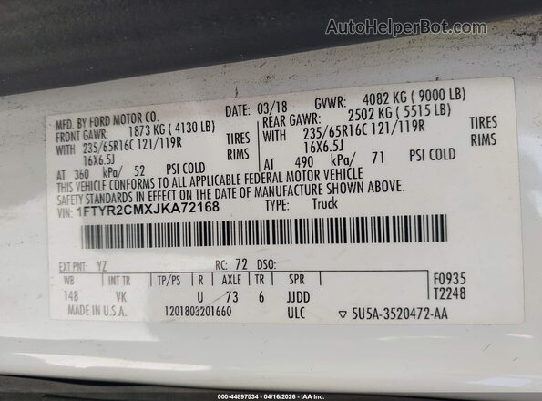 1FTYR2CMXJKA72168 2018 FORD TRANSIT-250 White 