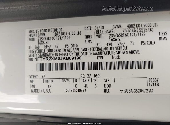1FTYR2XM0JKB09190 2018 FORD TRANSIT-250 White Widok komory silnika