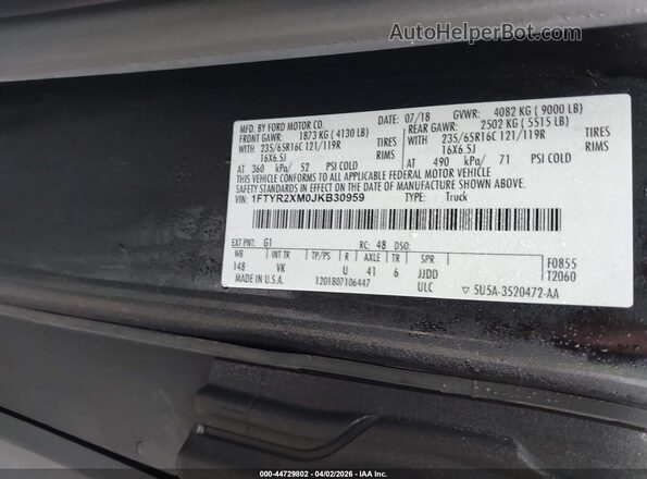 1FTYR2XM0JKB30959 2018 FORD TRANSIT-250 Black Вид наклейки з VIN-кодом
