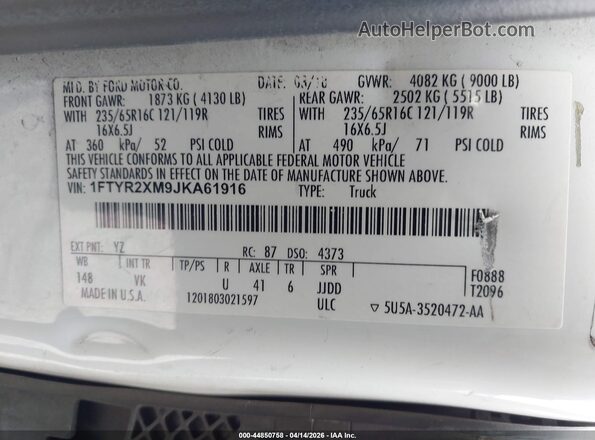 1FTYR2XM9JKA61916 2018 FORD TRANSIT-250 White Vista del compartimento del motor
