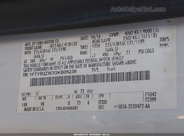 1FTYR2ZM3GKB06239 2016 FORD TRANSIT-250 White Vista del compartimento del motor