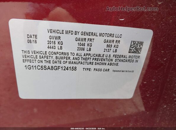 1G11C5SA8GF124158 2016 CHEVROLET MALIBU Темно-бордовый Вид подкапотного пространства