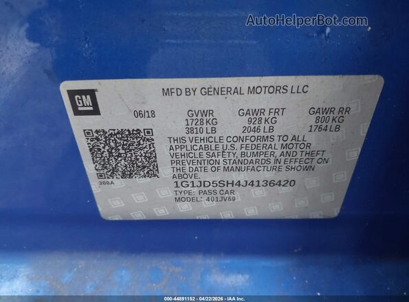 1G1JD5SH4J4136420 2018 CHEVROLET SONIC Blue ძრავის განყოფილების ხედი