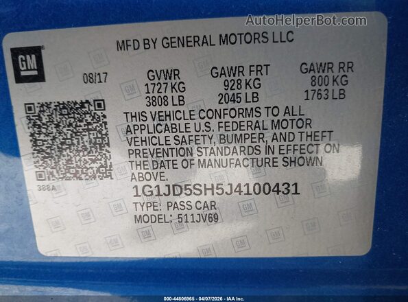 1G1JD5SH5J4100431 2018 CHEVROLET SONIC Blue Вид підкапотного простору