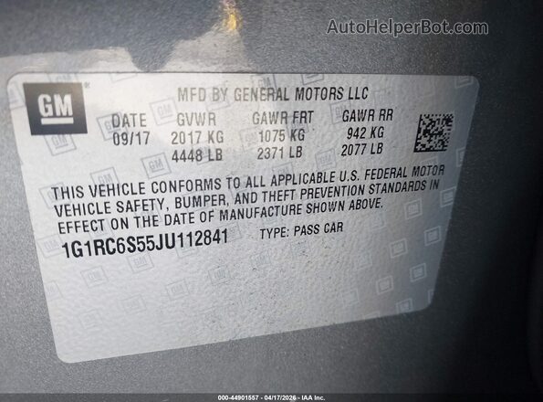 1G1RC6S55JU112841 2018 CHEVROLET VOLT Gray Vista del compartimento del motor