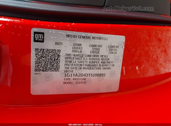 1G1YA2D43T5100893 2026 CHEVROLET CORVETTE Красный Вид подкапотного пространства