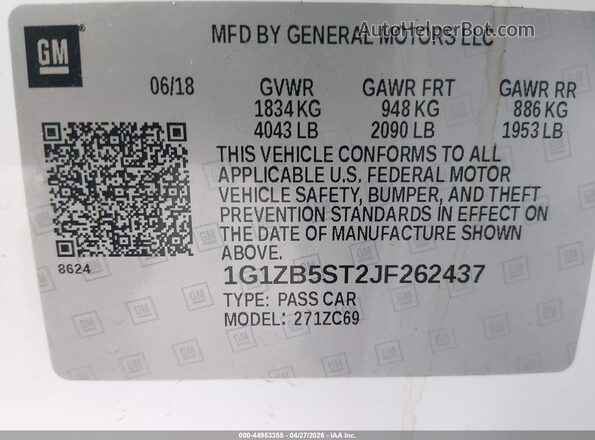 1G1ZB5ST2JF262437 2018 CHEVROLET MALIBU Белый Вид подкапотного пространства