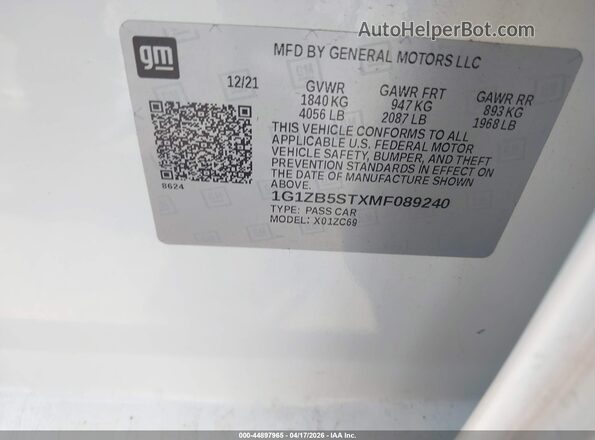 1G1ZB5STXMF089240 2021 CHEVROLET MALIBU White Engine compartment view