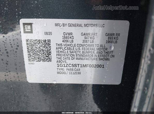 1G1ZC5ST1MF002001 2021 CHEVROLET MALIBU Gray Շարժիչի բաժամունքի տեսք