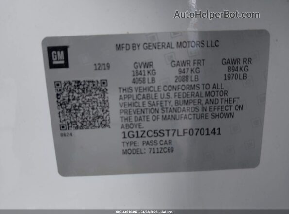 1G1ZC5ST7LF070141 2020 CHEVROLET MALIBU White ძრავის განყოფილების ხედი