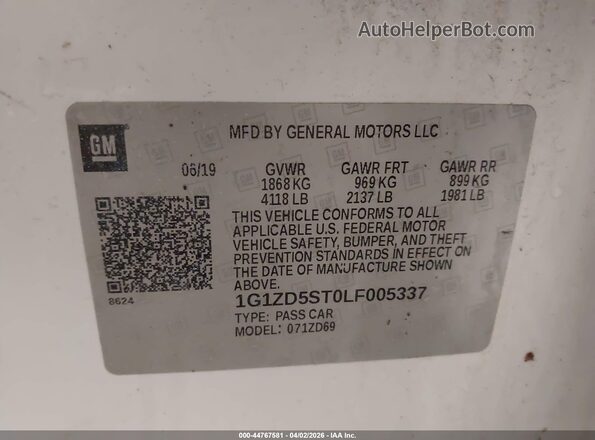 1G1ZD5ST0LF005337 2020 CHEVROLET MALIBU White 