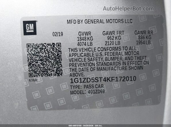 1G1ZD5ST4KF172010 2019 CHEVROLET MALIBU Silver 