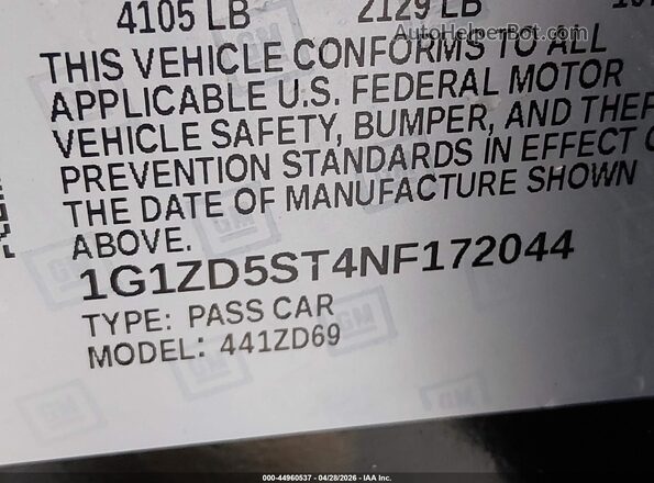 1G1ZD5ST4NF172044 2022 CHEVROLET MALIBU Черный Вид подкапотного пространства