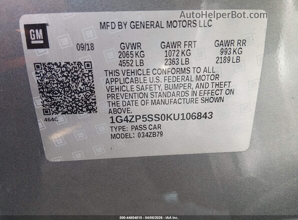 1G4ZP5SS0KU106843 2019 BUICK LACROSSE Gray Engine compartment view