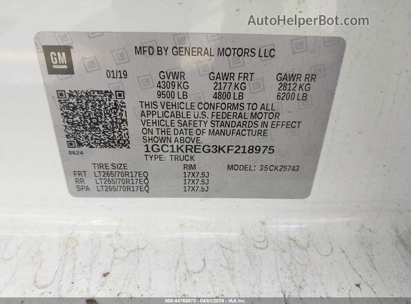 1GC1KREG3KF218975 2019 CHEVROLET SILVERADO White Вид підкапотного простору