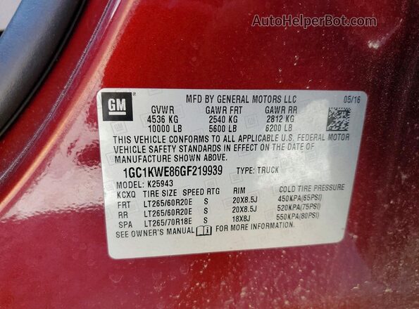 1GC1KWE86GF219939 2016 CHEVROLET SILVERADO Burgundy Widok naklejki z numerem VIN