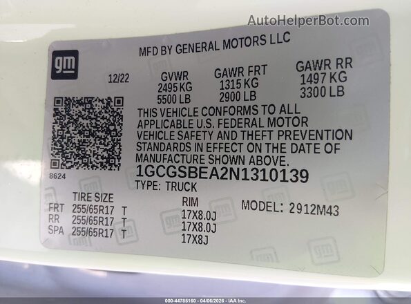 1GCGSBEA2N1310139 2022 CHEVROLET COLORADO White Вид підкапотного простору