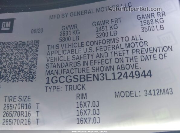1GCGSBEN3L1244944 2020 CHEVROLET COLORADO Black Вид підкапотного простору