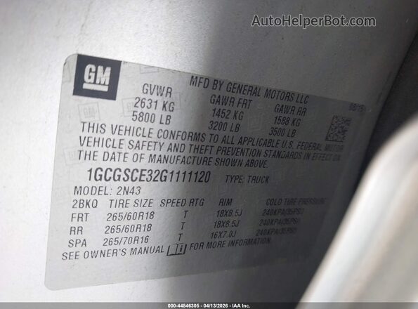 1GCGSCE32G1111120 2016 CHEVROLET COLORADO Silver Вид підкапотного простору