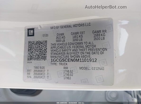1GCGSCEN0M1101912 2021 CHEVROLET COLORADO White 