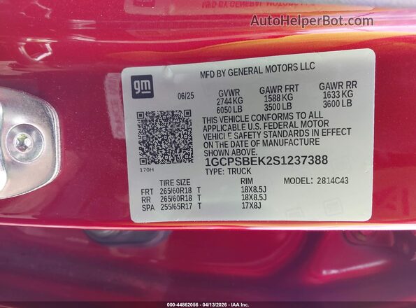1GCPSBEK2S1237388 2025 CHEVROLET COLORADO Red Widok komory silnika