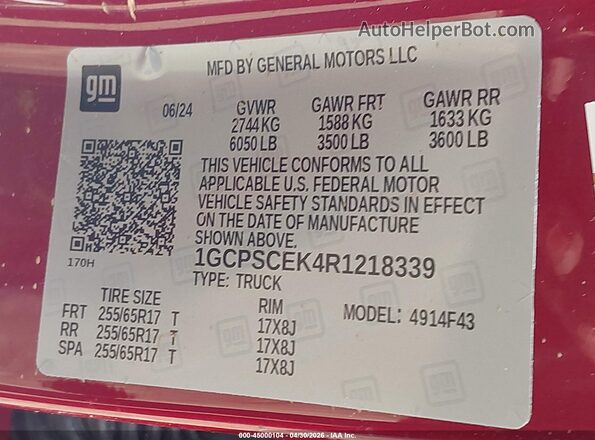 1GCPSCEK4R1218339 2024 CHEVROLET COLORADO Red ძრავის განყოფილების ხედი