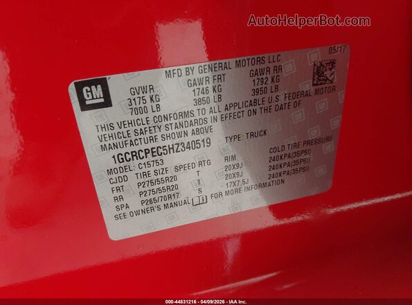 1GCRCPEC5HZ340519 2017 CHEVROLET SILVERADO Red ძრავის განყოფილების ხედი