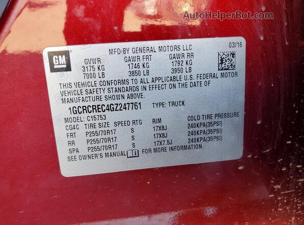1GCRCREC4GZ247761 2016 CHEVROLET SILVERADO Бордовый Вид подкапотного пространства