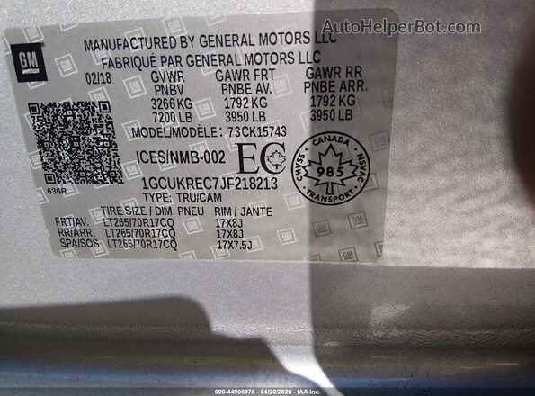 1GCUKREC7JF218213 2018 CHEVROLET SILVERADO Silver ძრავის განყოფილების ხედი