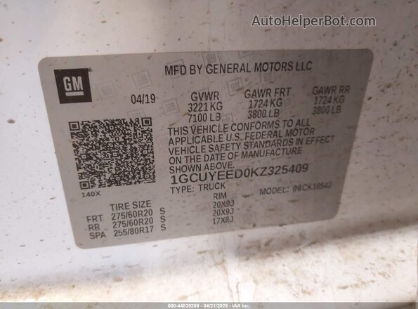 1GCUYEED0KZ325409 2019 CHEVROLET SILVERADO White Widok komory silnika