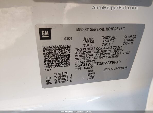1GCUYGET1MZ288019 2021 CHEVROLET SILVERADO White 