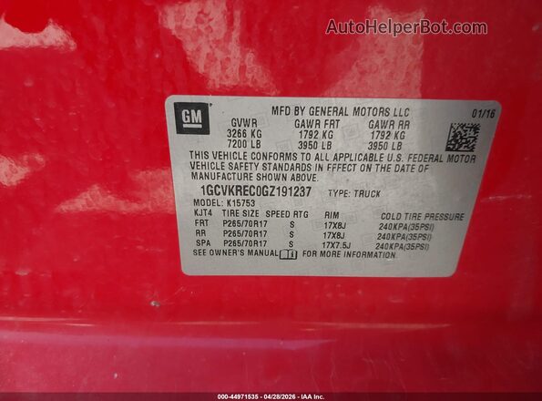 1GCVKREC0GZ191237 2016 CHEVROLET SILVERADO Red 
