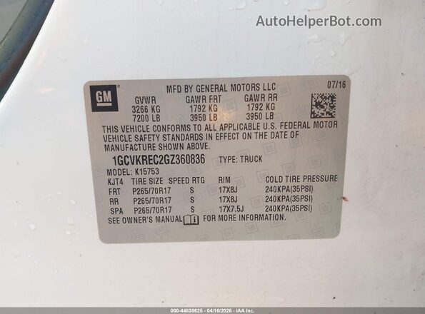1GCVKREC2GZ360836 2016 CHEVROLET SILVERADO White Widok komory silnika