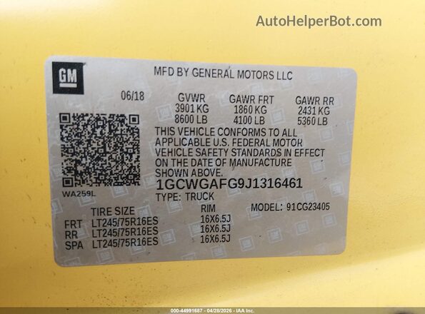 1GCWGAFG9J1316461 2018 CHEVROLET EXPRESS Yellow 