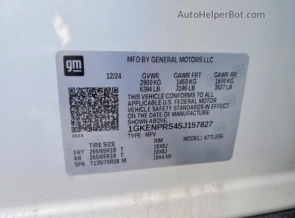 1GKENPRS4SJ157827 2025 GMC ACADIA Белый Вид наклейки с VIN-кодом