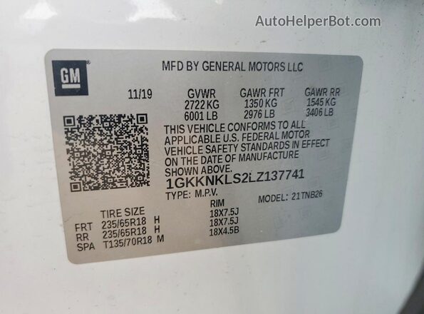 1GKKNKLS2LZ137741 2020 GMC ACADIA White Vista de la etiqueta del VIN