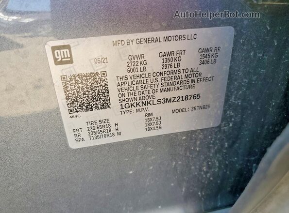 1GKKNKLS3MZ218765 2021 GMC ACADIA Gray 