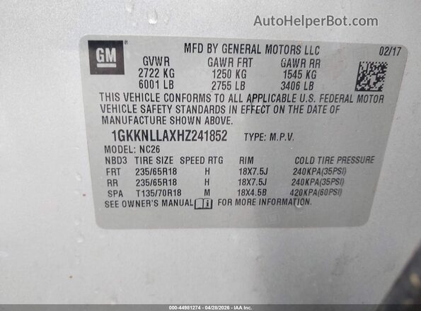 1GKKNLLAXHZ241852 2017 GMC ACADIA Silver Շարժիչի բաժամունքի տեսք