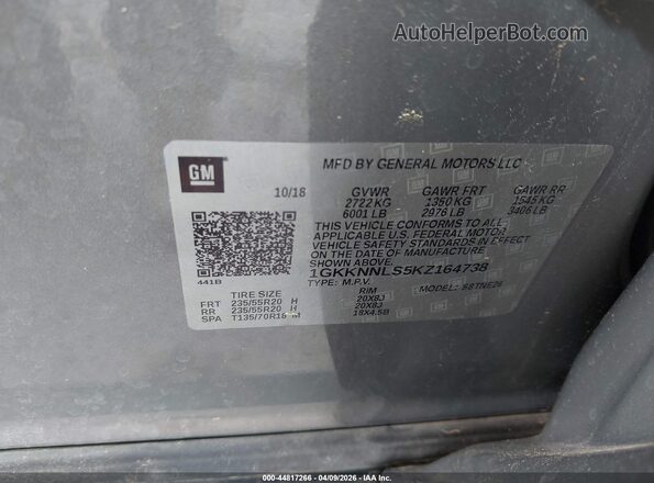 1GKKNNLS5KZ164738 2019 GMC ACADIA Gray 