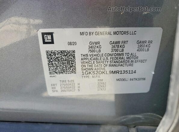 1GKS2DKL9MR135114 2021 GMC YUKON Серебряный 