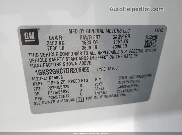 1GKS2GKC7GR206459 2016 GMC YUKON White Շարժիչի բաժամունքի տեսք