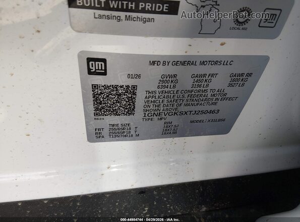 1GNEVGKSXTJ250463 2026 CHEVROLET TRAVERSE White Շարժիչի բաժամունքի տեսք
