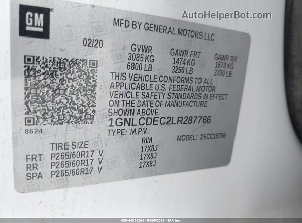 1GNLCDEC2LR287766 2020 CHEVROLET TAHOE Белый Вид подкапотного пространства