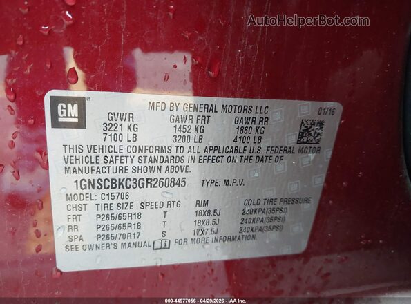 1GNSCBKC3GR260845 2016 CHEVROLET TAHOE Red Շարժիչի բաժամունքի տեսք